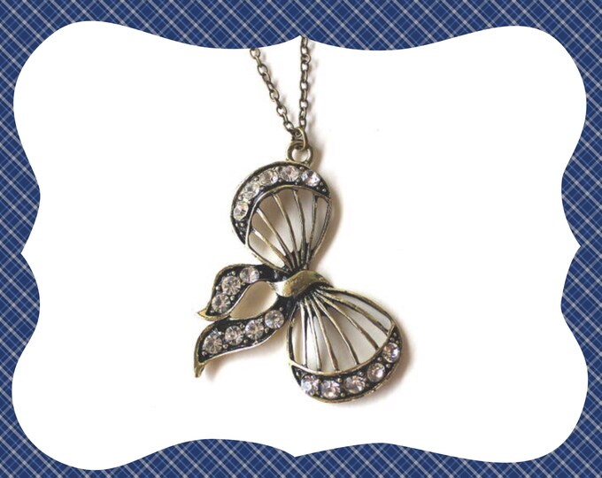 Bow Ribbon Pendant With Clear Crystals Necklace LAST ONE Etsy Australia