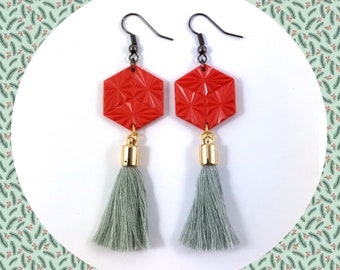 Vintage Geometric hex coral pendant grey tassel dangle earrings LAST ONE