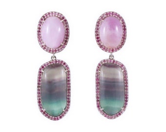 Rainbow fluorite, kunzite, pink sapphire halo silver dangle earrings - READY TO SHIP