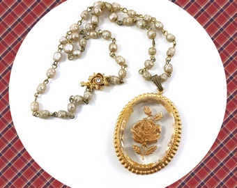 Vintage statement intaglio clear golden framed single rose oval pendant pearl chain necklace LAST ONE