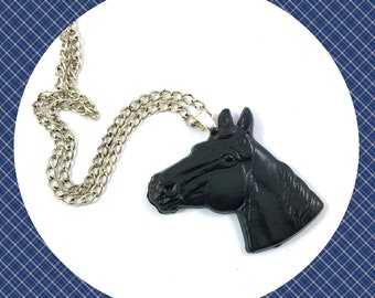 Vintage black horse head pendant silver necklace