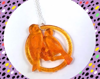 Vintage retro orange round love birds pendant silver plated necklace LAST ONE