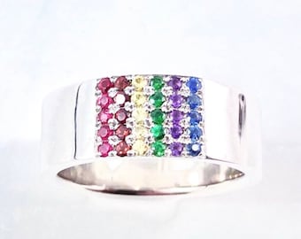 Rainbow pave solid 925 silver engagement wedding ring band size 8.5 US - Ready to ship or Resize