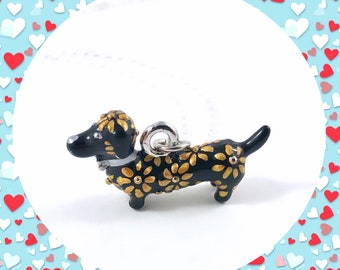 Dachshund sausage dog wiener black and gold charm silver necklace LAST ONE