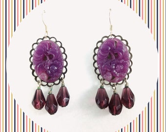 Vintage purple marble stone floral pendant dangle earrings LAST ONE