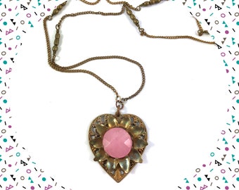 Vintage copper filigree pink stone floral heart pendant long necklace