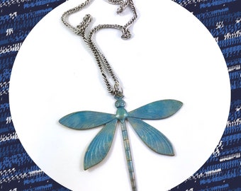 Large iridized denim blue dragonfly pendant silver tone necklace LAST ONE