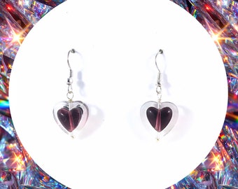 Love heart clear and purple silver plated dangle earrings
