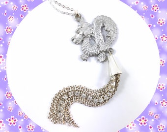 Silver dragon white clear crystal chain tassel pendant necklace LAST ONE