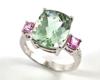 Green amethyst and pink sapphire diamond 14k white gold ring - Choose your ring size