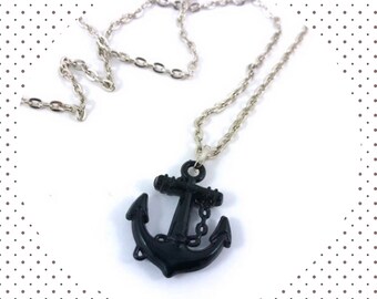 Vintage black plastic anchor pendant silver plated necklace