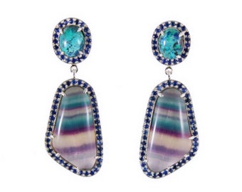 Rainbow fluorite chrysocolla blue sapphire halo silver dangle earrings - READY TO SHIP