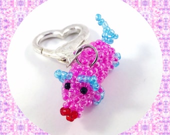 Cute beaded pig piglet piggy heart key ring bag charm fob