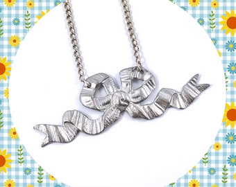 Vintage style ribbon bow pendant silver necklace LAST ONE