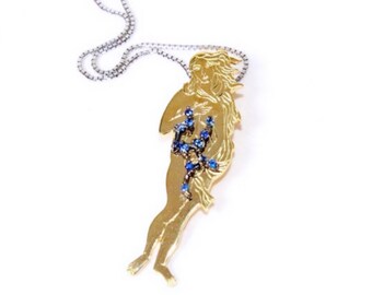 Virgo star sign as Botticelli’s Venus in solid gold Virgo constellation blue sapphire birthstone black gold pendant - READY TO SHIP