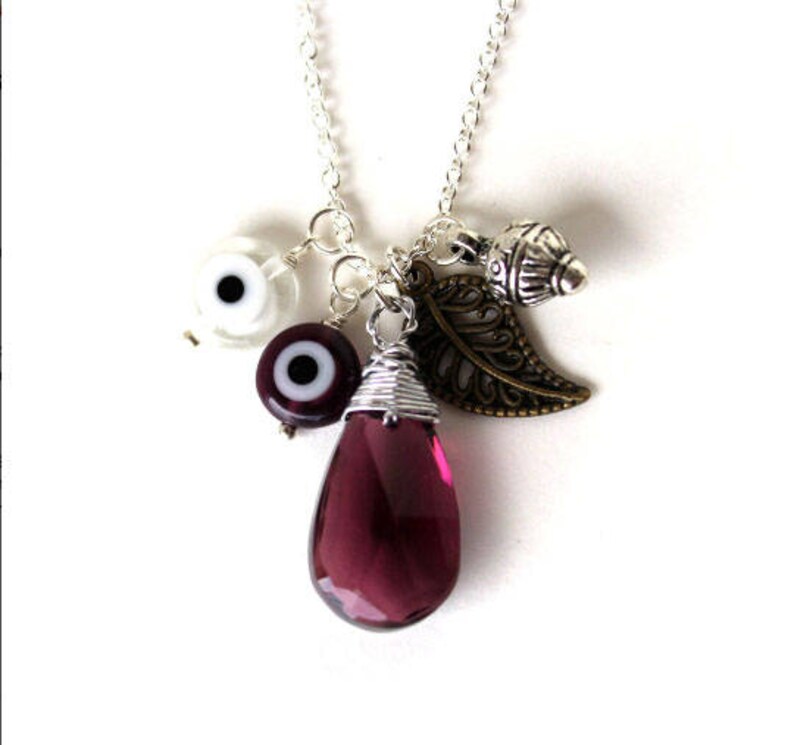 Silver ornate drop filigree leaf amethyst purple drop charm necklace LAST ONE