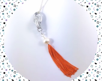 Vintage mod white pearl orange chain tassel silver plated necklace LAST ONE