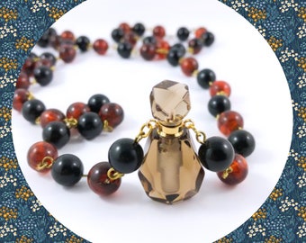 Smokey Quartz stone miniature perfume bottle vintage tortoise bead necklace LAST ONE