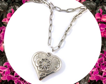 Silver nature flower heart pendant paper clip chain necklace LAST ONE