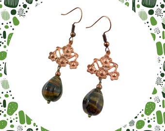 Vintage boho aged copper floral earthy Czech glass drop bead dangle earrings