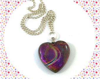 Vintage multicolored dichroic glass heart pendant silver necklace LAST ONE