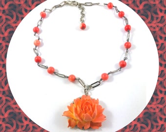 Orange peach fiery lotus flower angel skin coral beaded pendant necklace