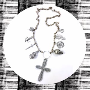 Aged silver buccaneer Jolly Roger pirate treasure hunting multi pendant statement necklace
