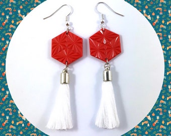 Vintage Geometric hex coral pendant white tassel dangle earrings LAST ONE