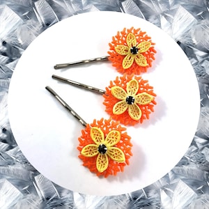 Vintage Retro Flora filigrane Collage hell orange gelb schwarz Haarklammer Trio LETZTE