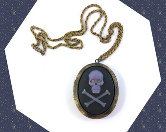 Pirate Jolly Roger skull crossbones antique bronze oval cameo locket necklace LAST ONE