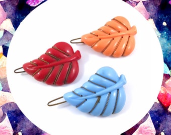 Vintage blue orange red plastic aged leaf hair clip trio LAST ONE