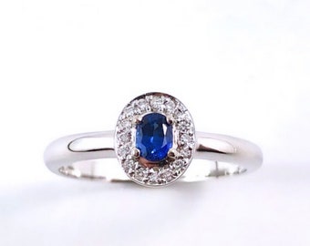 Ceylon sapphire oval and white diamond halo 14k white gold ring - Choose your ring size