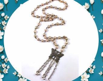 Vintage aged faux pearl chain antique bronze butterfly long necklace LAST ONE