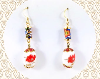 Oriental red flower floral ceramic bead dangle earrings LAST ONE