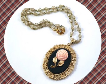 Vintage statement double sided framed mirror single rose oval pendant Pearl chain necklace LAST ONE