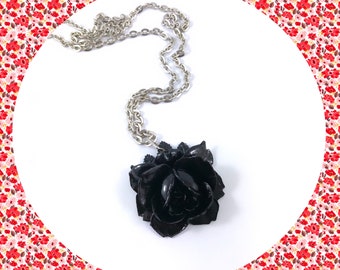 Vintage black rose pendant silver necklace