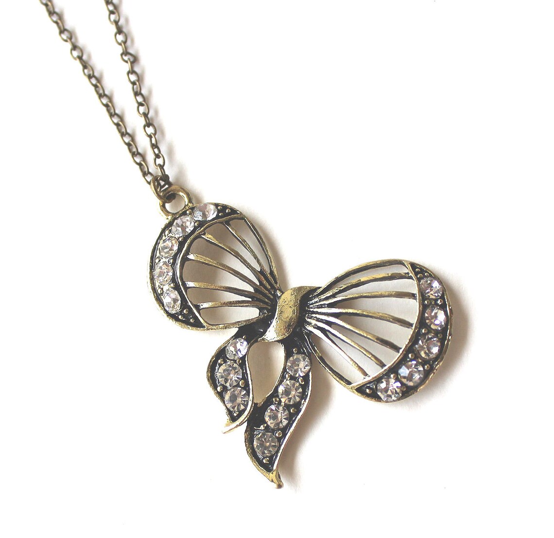 Bow Ribbon Pendant With Clear Crystals Necklace LAST ONE Etsy Australia