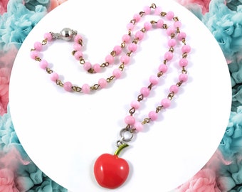 Vintage red delicious apple pink Czech glass beaded necklace LAST ONE