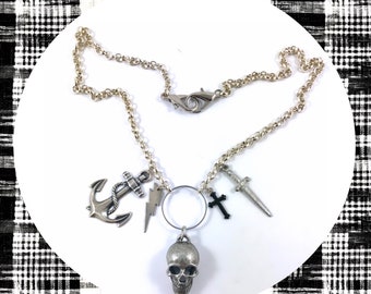 Aged silver buccaneer Jolly Roger pirate treasure hunting multi pendant statement necklace LAST ONE