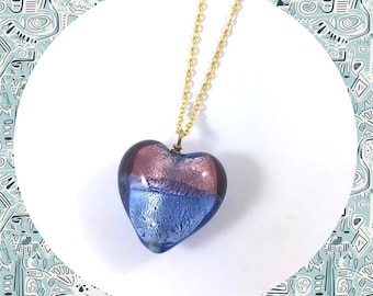 Venetian glass mauve purple blue puffy heart pendant gold plated necklace