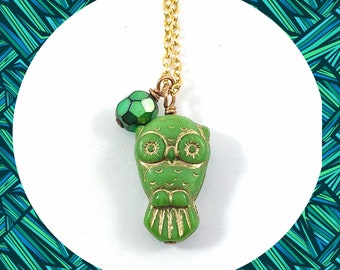 Cute little green owl bead gold pendant necklace