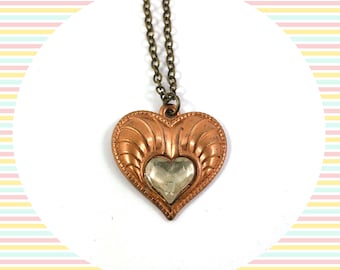 Vintage copper crystal heart pendant bronze necklace