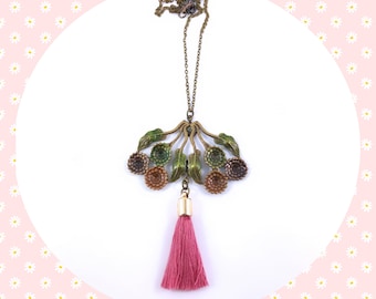 Vintage aged floral bouquet dusty rose tassel antique bronze pendant necklace LAST ONE