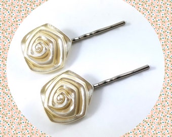Vintage pearl pearlescent off white rose flower bobby pin duo