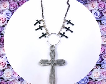 Large vintage aged gunmetal crucifix black cross chatm oxidised necklace LAST ONE