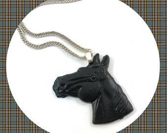 Vintage black horse head pendant silver necklace