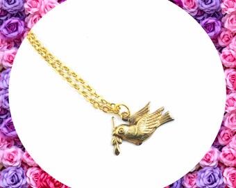 Aged golden bird of peace dove gold plated charm necklace