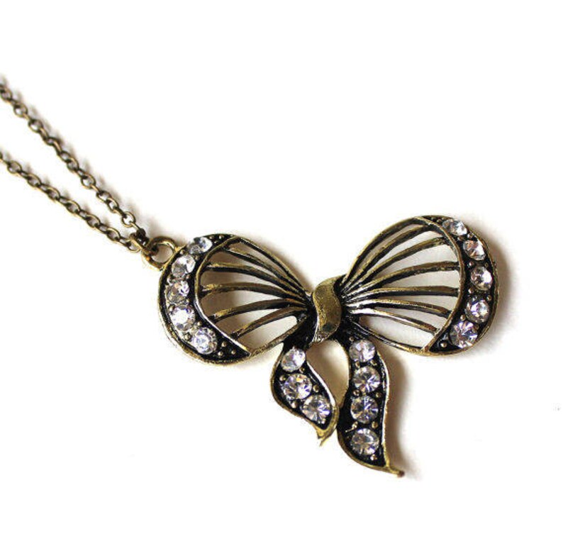 Bow Ribbon Pendant With Clear Crystals Necklace LAST ONE Etsy Australia