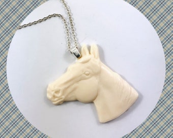 Vintage off white horse head pendant silver long necklace