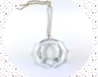 Vintage clear plastic geometric octagon ring hoop silver pendant necklace